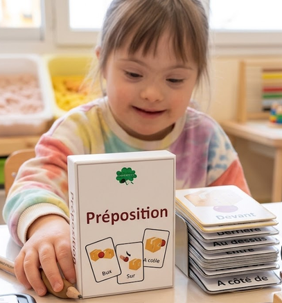 Jeu de cartes Les Prépositions Spatiales orientation repérage espace construction phrases orthophonie design minimaliste